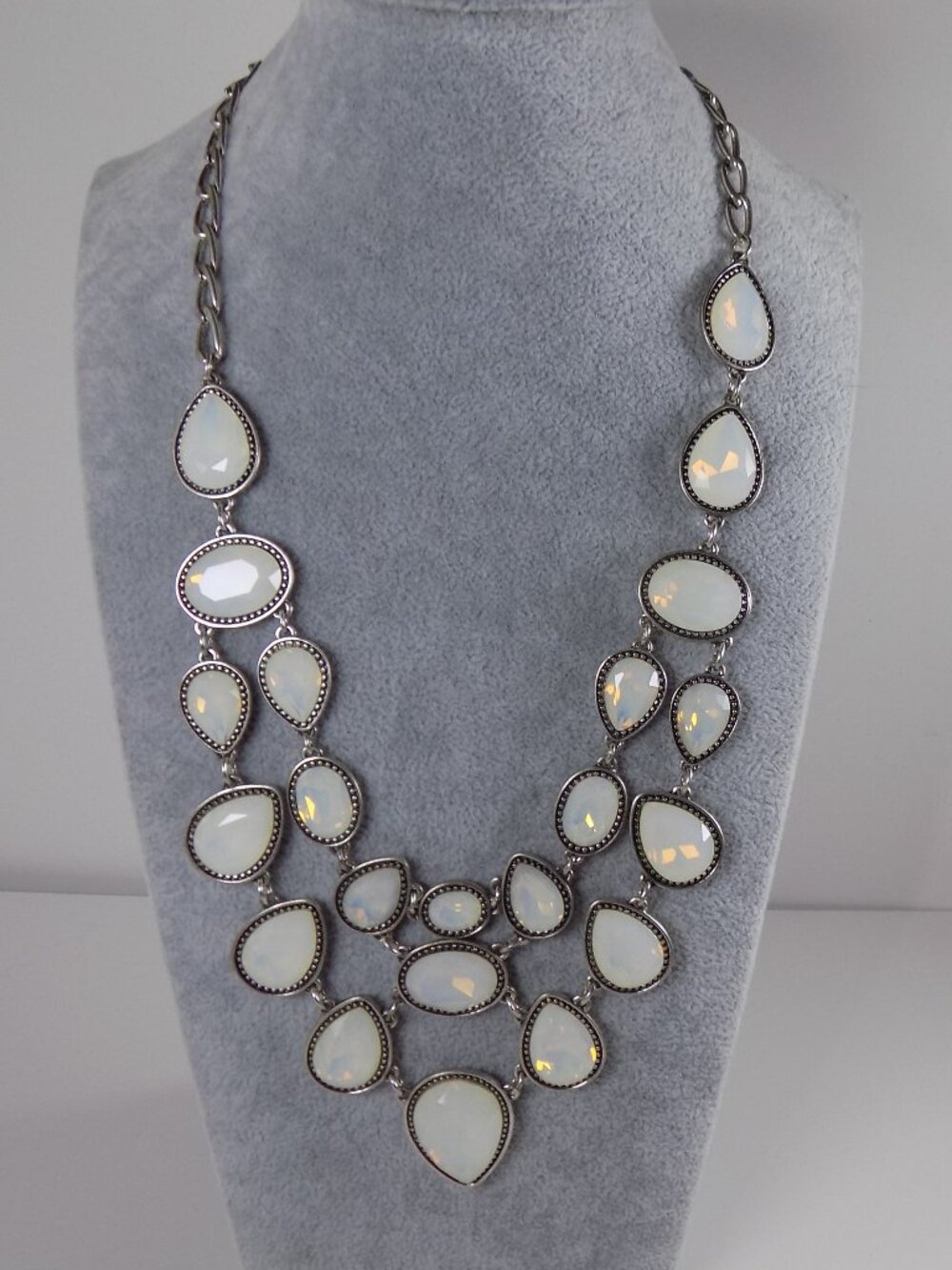 Nicole Miller Statement Necklace Opaline Glass Off Center Silver Tone Chain